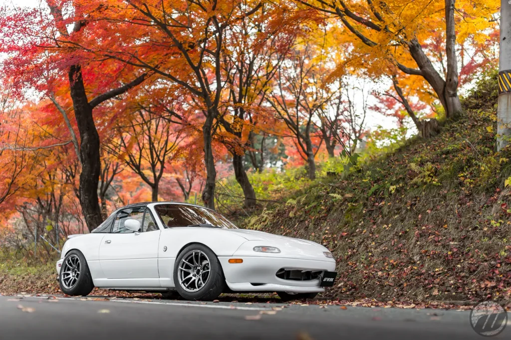 WORK EMOTION CR Kiwamiを装着した白いマツダ ロードスター NAの紅葉シーン