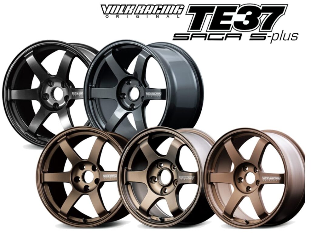 TE37 SAGA S-plusサイズ別ラインナップ - ガンメタリックとブロンズカラーのTE37ホイール複数サイズを並べた商品詳細ガイド