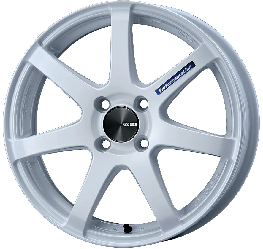 パールホワイトのENKEI PF07。4穴仕様の7本スポークホイールを正面から見た画像