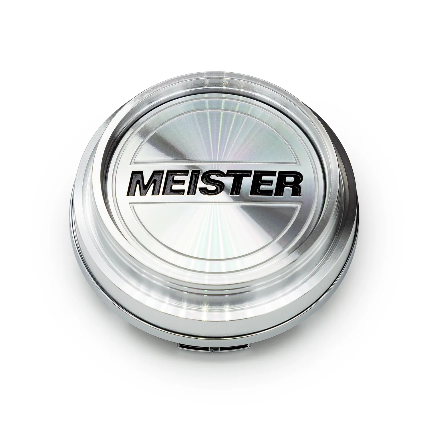 銀色のMEISTERロゴ入りセンターキャップを白背景で撮影した画像