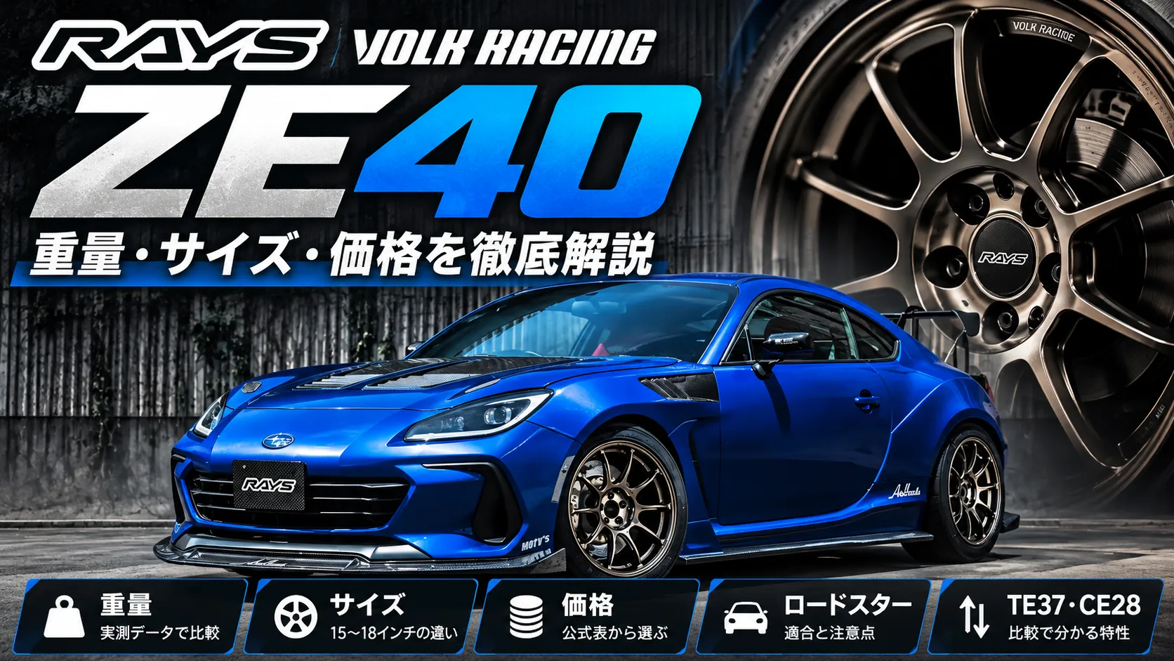 RAYS VOLK RACING ZE40の特集アイキャッチ。青いスポーツクーペとホイール、重量・サイズ・価格の見出し