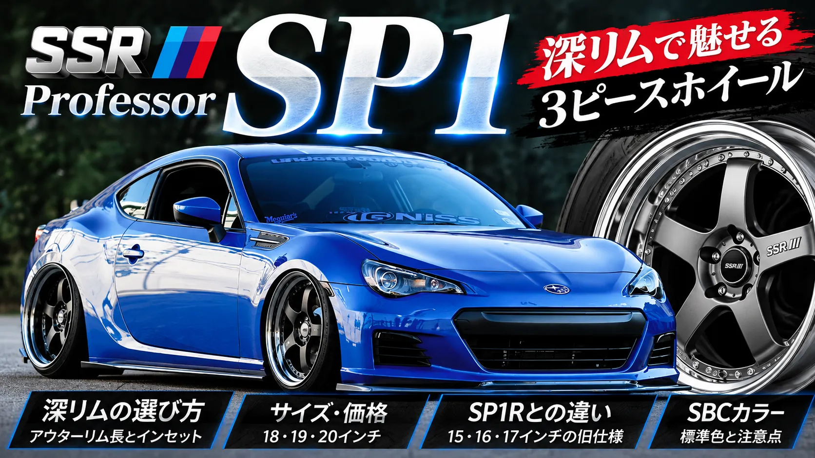SSR プロフェッサー SP1の深リムホイールと青いスバルBRZを配した記事アイキャッチ画像