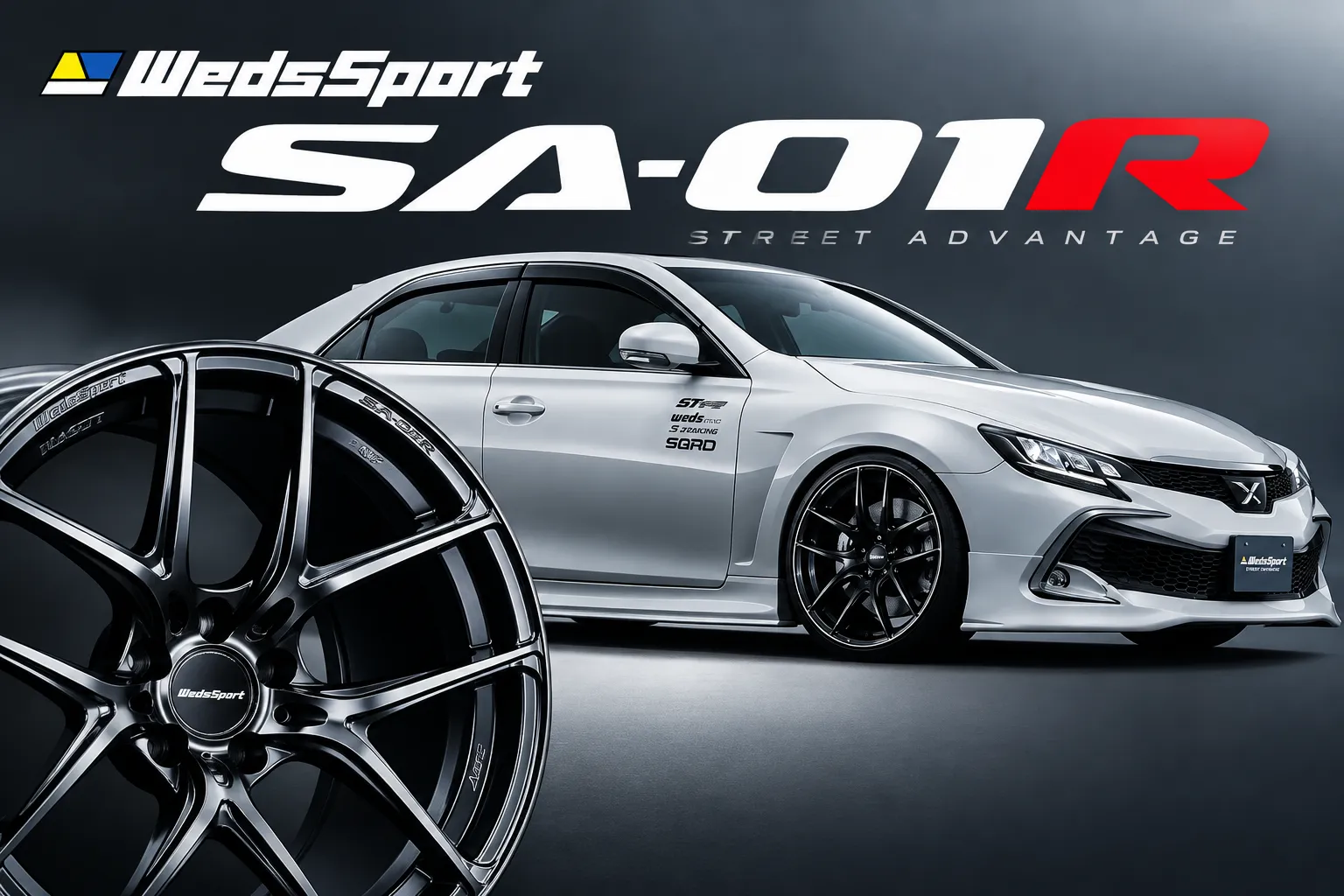 WedsSport SA-01Rのロゴとシルバーのカスタムセダン、ホイールを組み合わせたアイキャッチ